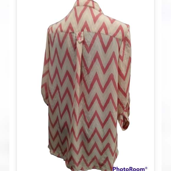 Riley+James Tan and Orange Zig Zag Stripe Long Sleeve Button Front Tunic Blouse - Picture 5 of 8